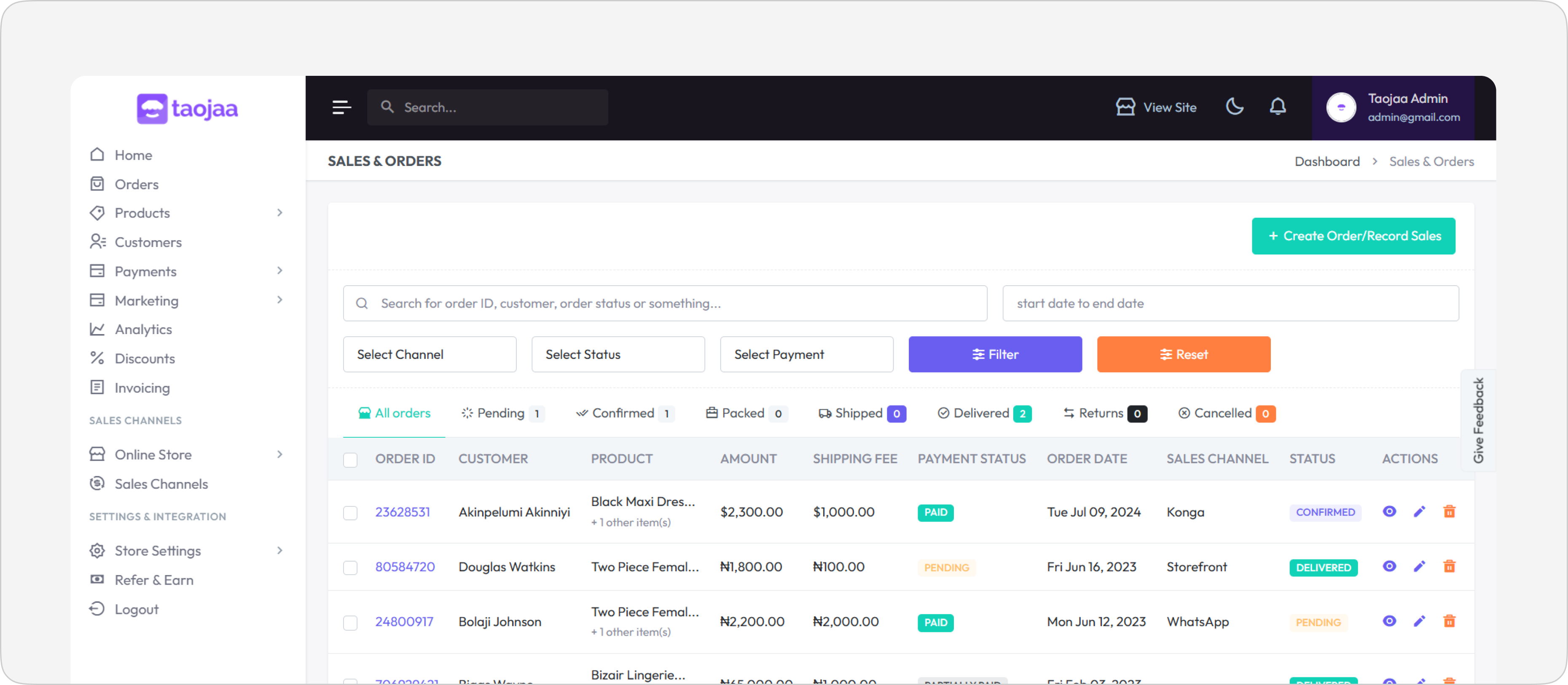 Manage orders table